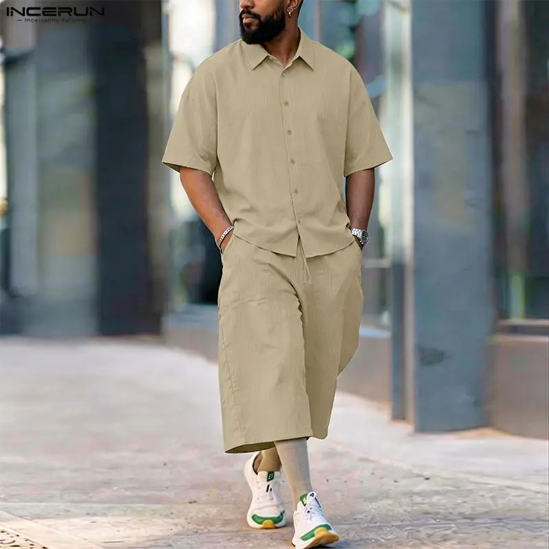 Men'S Fashion 2026 - INCERUN Set Pria Celana Kemeja Lengan