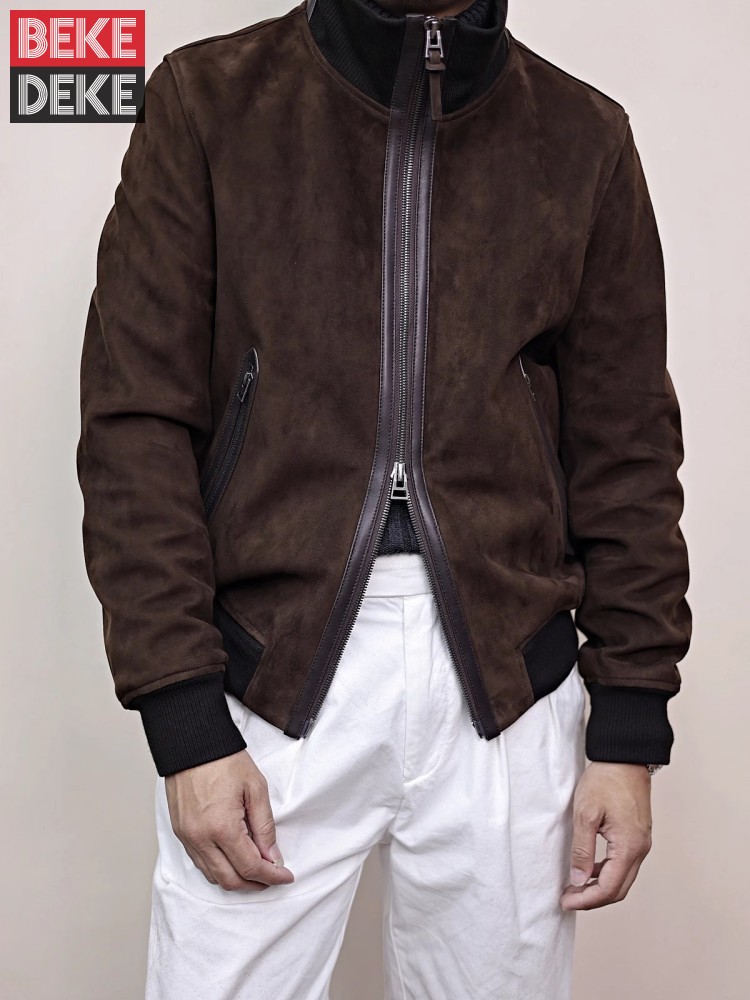 Mens Fashion Bomber Jacket - Jaket Kulit Asli Pria Kerah Berdiri