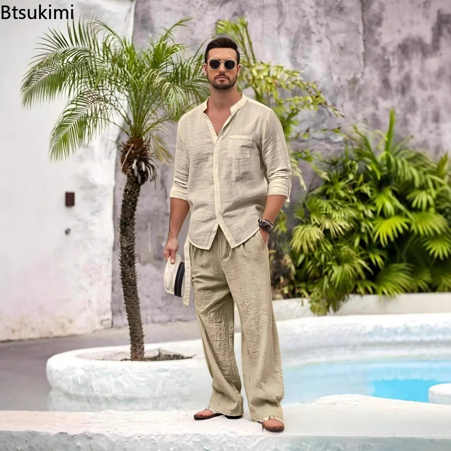 Setelan Kasual Pria Baru 2 Pot - Linen Shirt Summer ulasan dan harga