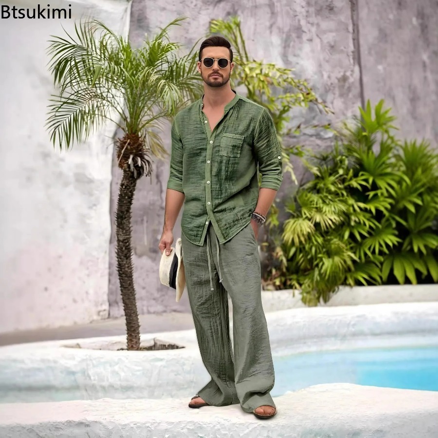Setelan Kasual Pria Baru 2 Pot - Linen Shirt Summer ulasan dan harga