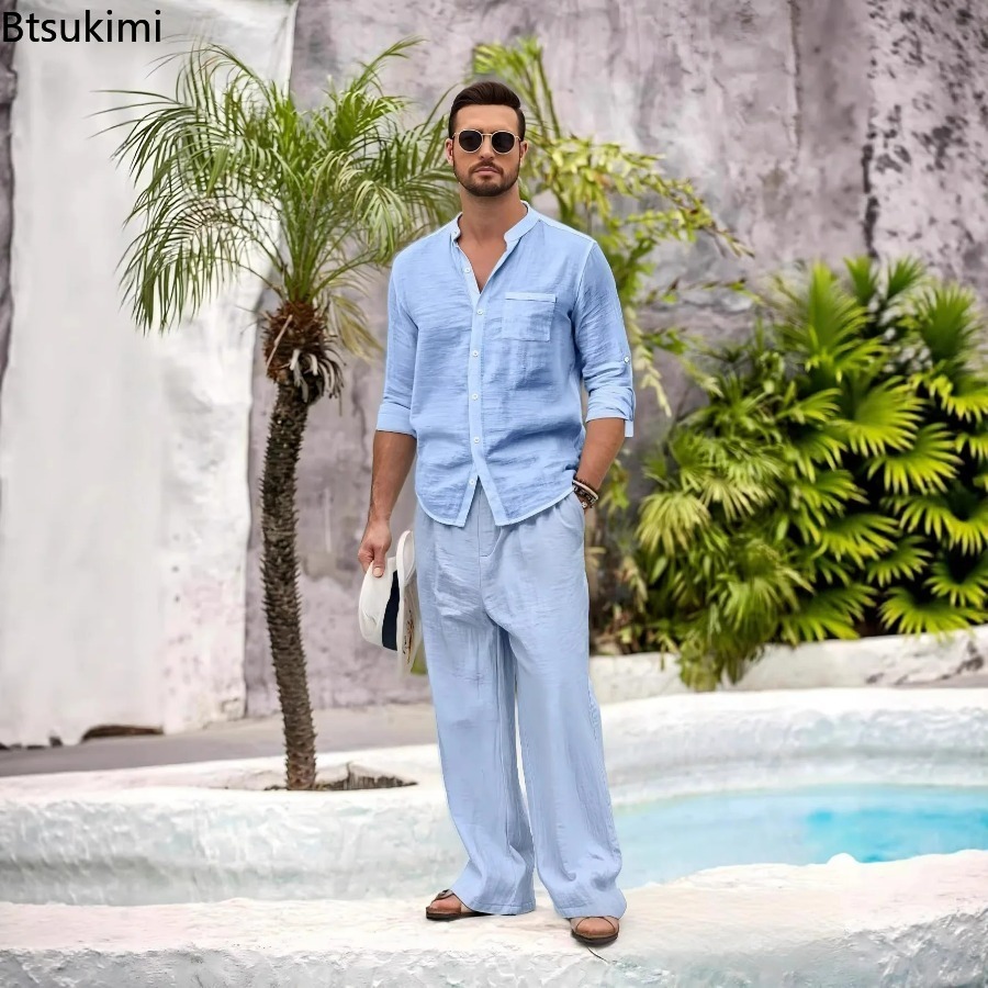 Setelan Kasual Pria Baru 2 Pot - Linen Shirt Summer ulasan dan harga