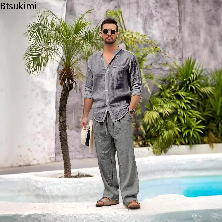 Setelan Kasual Pria Baru 2 Pot - Linen Shirt Summer ulasan dan harga